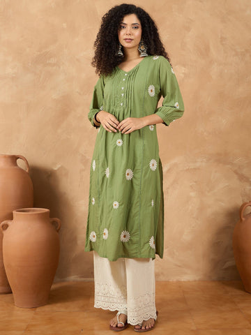 Varanga Women Kurta Set With Pin-Tucks Detailing And Overall Floral Motifs On Kurta And Dupatta